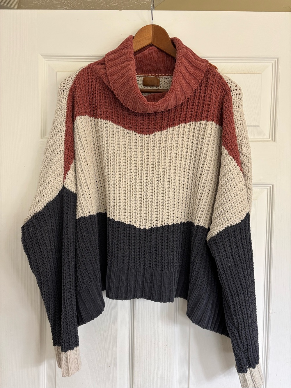 POL Colorblock Cowl Neck Sweater - Rust, Cream & Charcoal